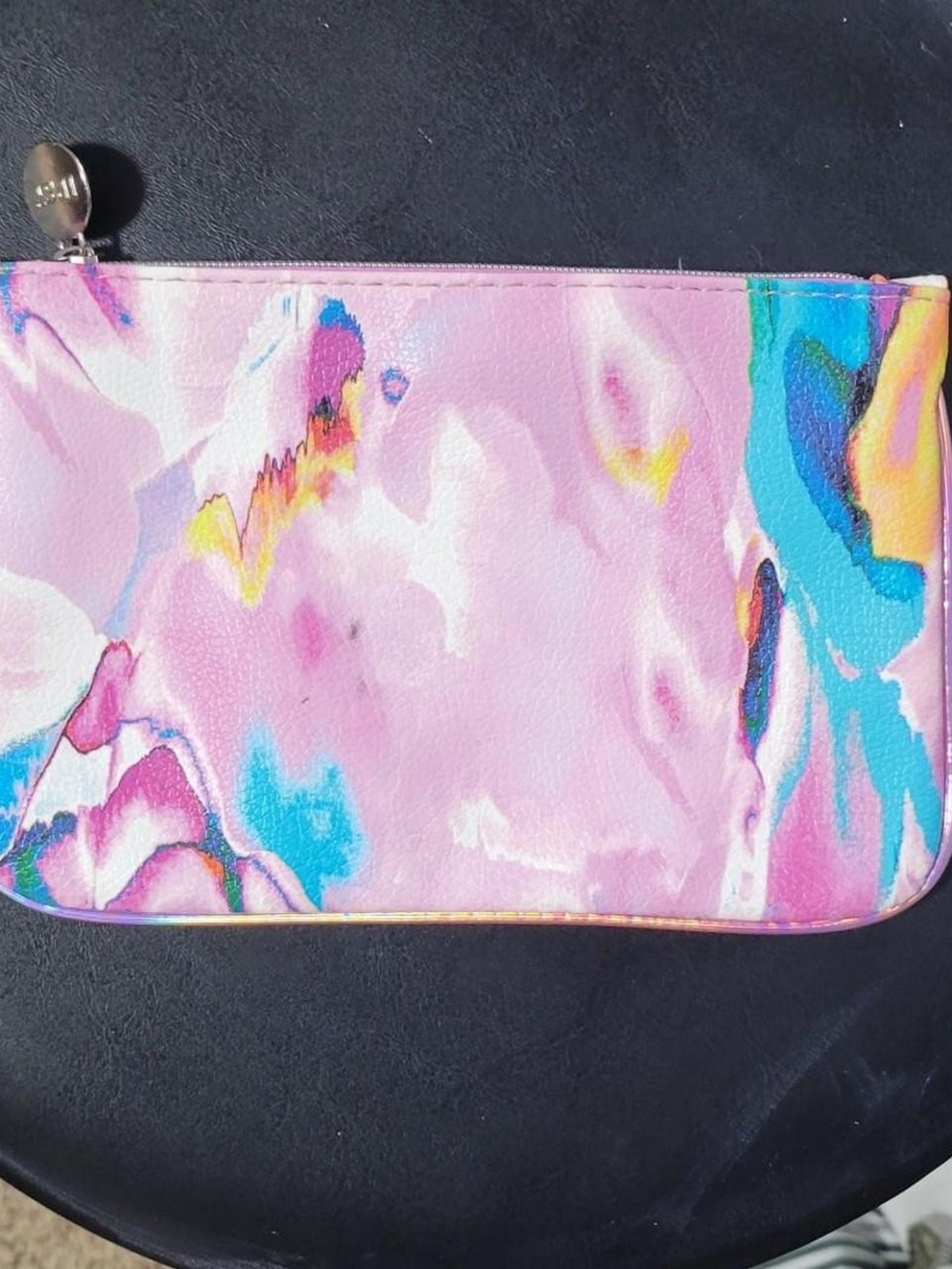 ipsy Pink Marble Zip Pouch with Blue and Yellow Accents